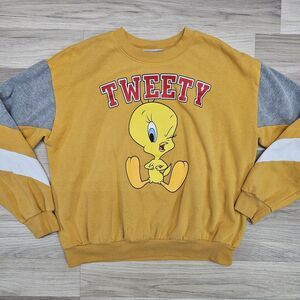 LOONEY TUNES Womens Juniors Yellow Tweety Bird Pullover Sweatshirt Size Small